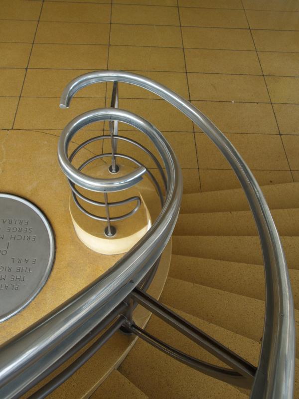 Bexhill-on-Sea, England: De La Warr Pavilion: spiral staircase handrail (1935, Erich Mendelsohn and Serge Chermayeff; restored 2005, John McAslan and Partners)