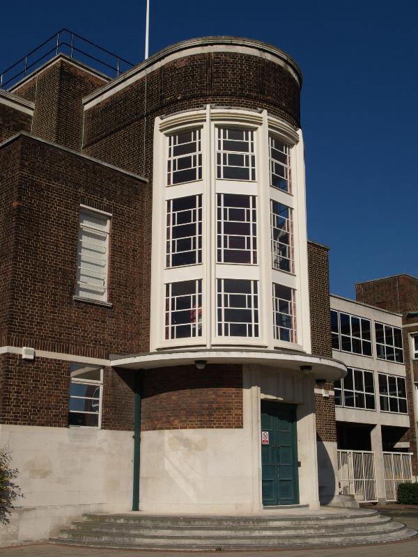 London, England: Dagenham Civic Centre (was Town Hall): stairwell from outside (1936-1937, architect E Berry Webber)