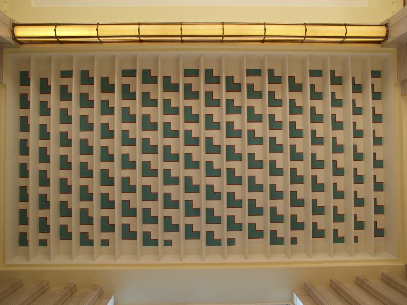 London, England: Dagenham Civic Centre (was Town Hall): lobby ceiling (1936-1937, architect E Berry Webber; refurbished 2003, Richard Griffiths Architects and Hawkins\Brown)