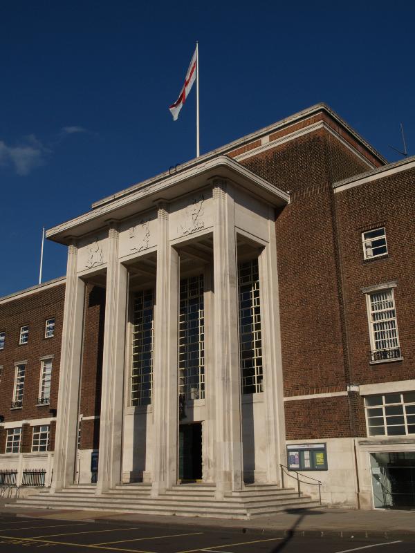 London, England: Dagenham Civic Centre (was Town Hall): main entrance (1936-1937, architect E Berry Webber)