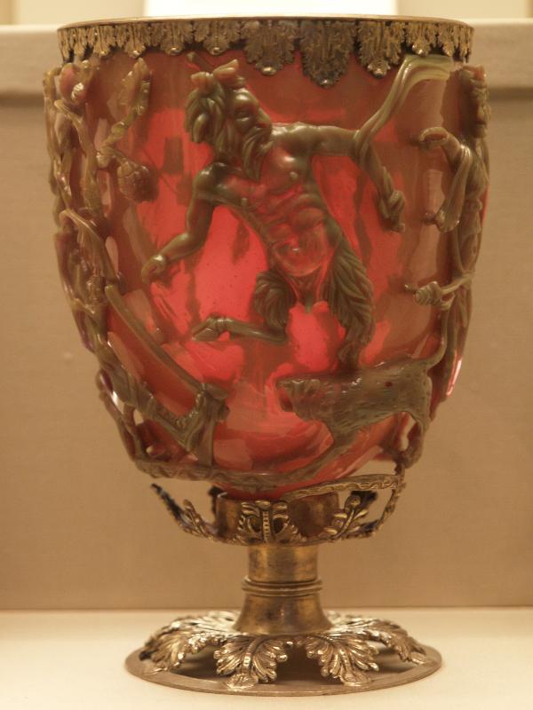 London, England: British Museum: Lycurgus Cup (backlit) (4th century AD, probably carved in Rome)