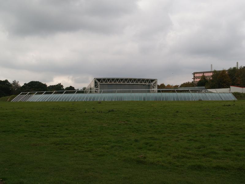 Norwich, England: Univesity of East Anglia: Sainsbury Centre for Visual Arts (Crescent Wing, 1988-1991, in front of main building, 1974-1978, Norman Foster and Partners)