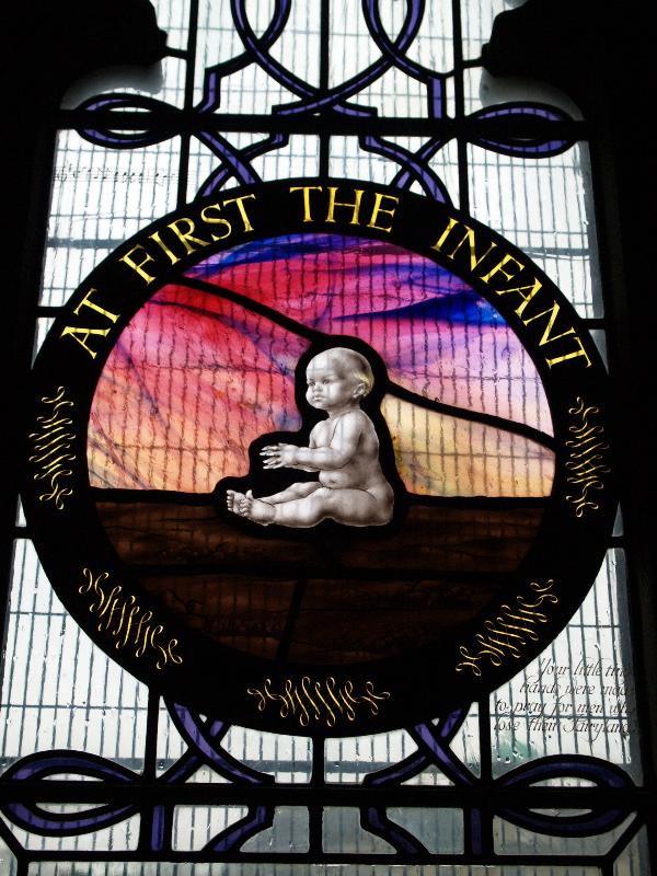 Oundle, England: Oundle School Chapel: The Infant (The Seven Ages of Man, 1956, Hugh Easton)