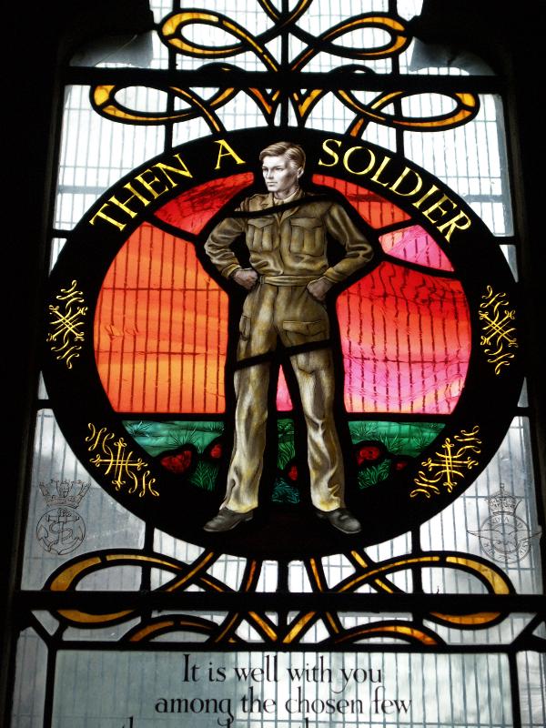 Oundle, England: Oundle School Chapel: The Soldier (The Seven Ages of Man, 1956, Hugh Easton)