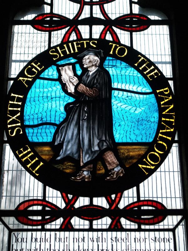 Oundle, England: Oundle School Chapel: The Schoolmaster (The Seven Ages of Man, 1956, Hugh Easton)