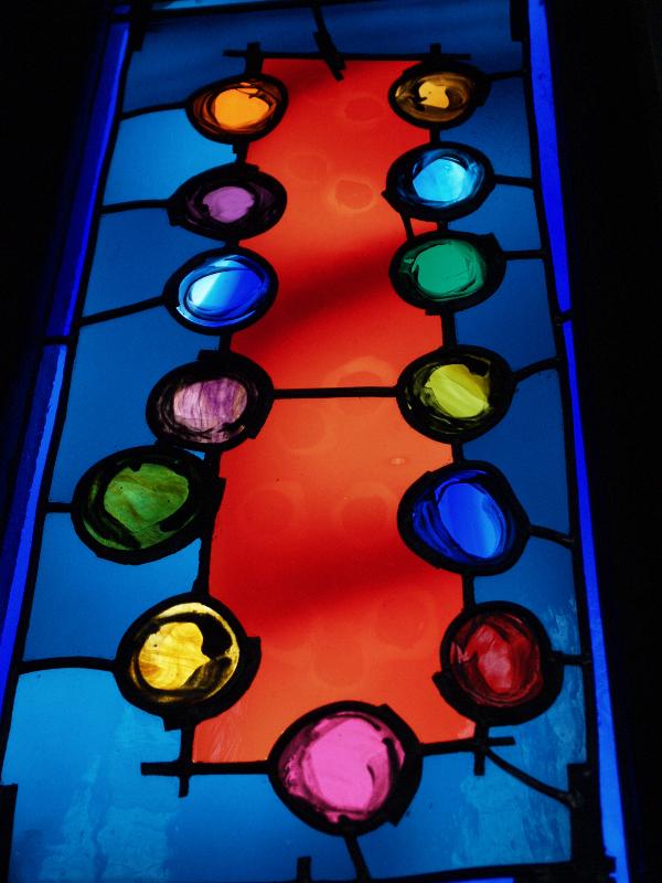 Oundle, England: Oundle School Chapel: The Last Supper (Jesus at bottom, Judas at left set back from table) (2004, Mark Angus)