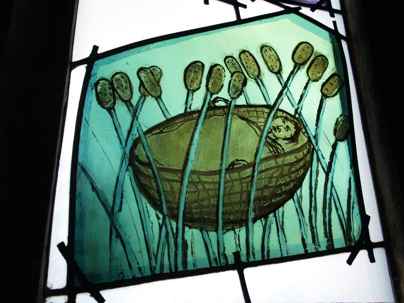 Oundle, England: Oundle School Chapel: Moses, the Law (Moses in the bullrushes) (2004, Mark Angus)