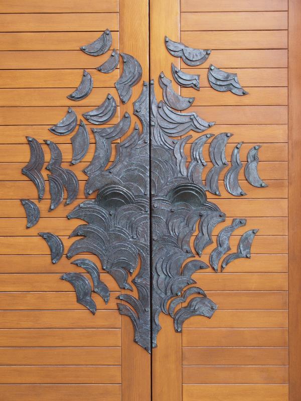 Cambridge, England: Robinson College: chapel door detail (c1980, J Steiger)