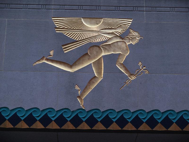 New York City, NY: 620 Fifth Avenue (British Empire Building, Rockefeller Center): 'Mercury with Blazing Sun' (decoration above Channel Gardens entrance) (art deco, 1932, Lee Lawrie, colorist Leon V. Solon)