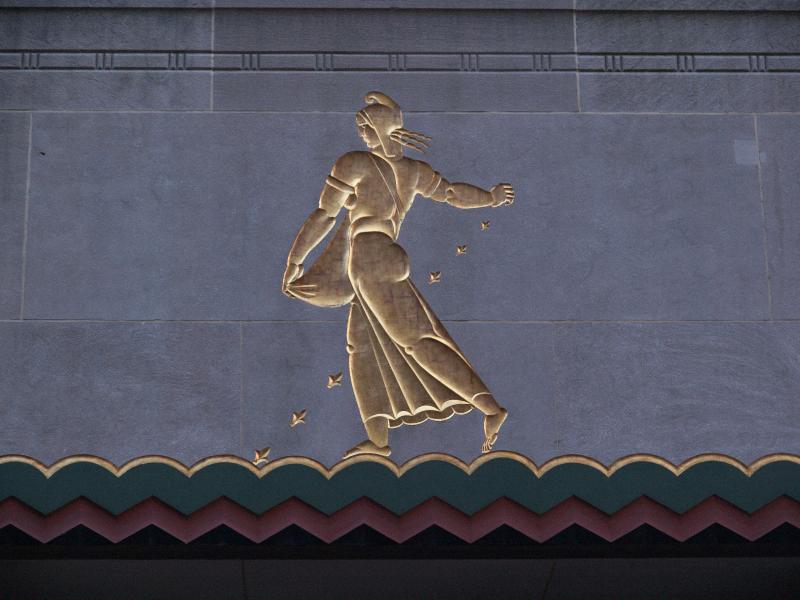 New York City, NY: 610 Fifth Avenue (La Maison Francaise, Rockefeller Center): 'Seeds of Good Citizenship' (decoration above Channel Gardens entrance) (art deco, 1933, Lee Lawrie, colorist Leon V. Solon)
