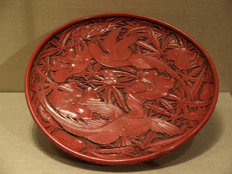 New York City, NY: Metropolitan Museum of Art: lacquer dish with two birds and hollyhocks (China, mid-to-late 14th century)