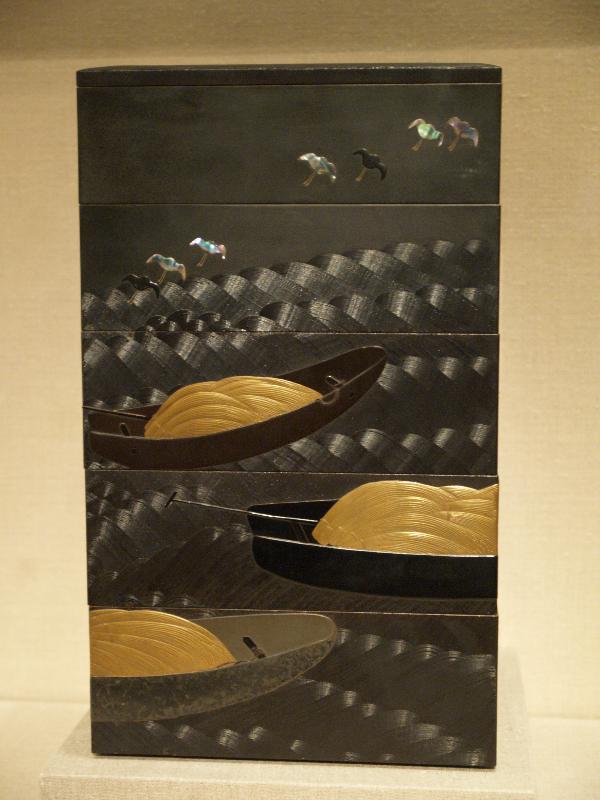 New York City, NY: Metropolitan Museum of Art: lacquer stacked food box with boats and plovers (Japan, second half of 19th century, artist Shibata Zeshin)