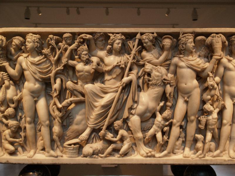 New York City, NY: Metropolitan Museum of Art: marble sarcophagus (Dionysos on a panther with his attendants) (Roman, about AD220-230)