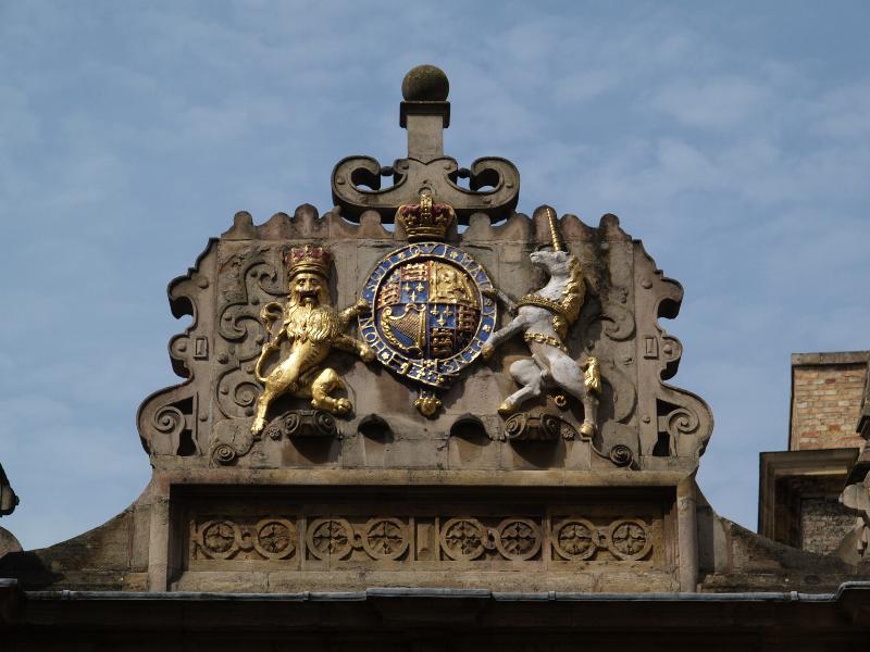 Cambridge, England: Trinity College: Nevile's Gate, top (showing royal seal)