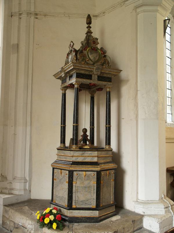 Cambridge, England: St Botolph's Church: octagonal cover and canopy (1637) over medieval font