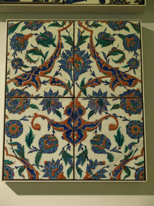 London, England: British Museum: panel of four tiles, decorated with flowers and saz leaves (1520-1530, Iznik)