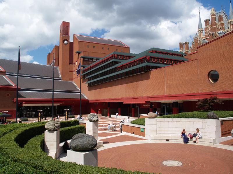London, England: British Library: view (1977-1998, architect Colin St John Wilson)