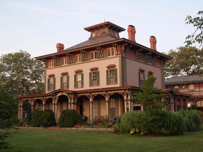 Cape May, New Jersey (NJ): Southern Mansion: view, near dusk (built 1863, architect Samuel Sloan; restored 1994-1996)
