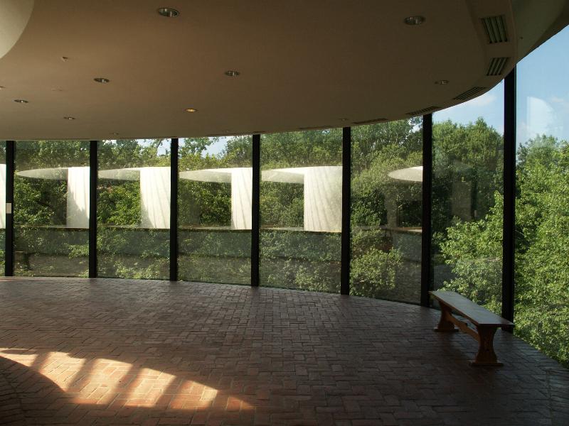 Chadds Ford, Pennsylvania (PA): Brandywine River Museum: view out of window with reflections of gallery interior (1970-1971, architect James R. Grieves)