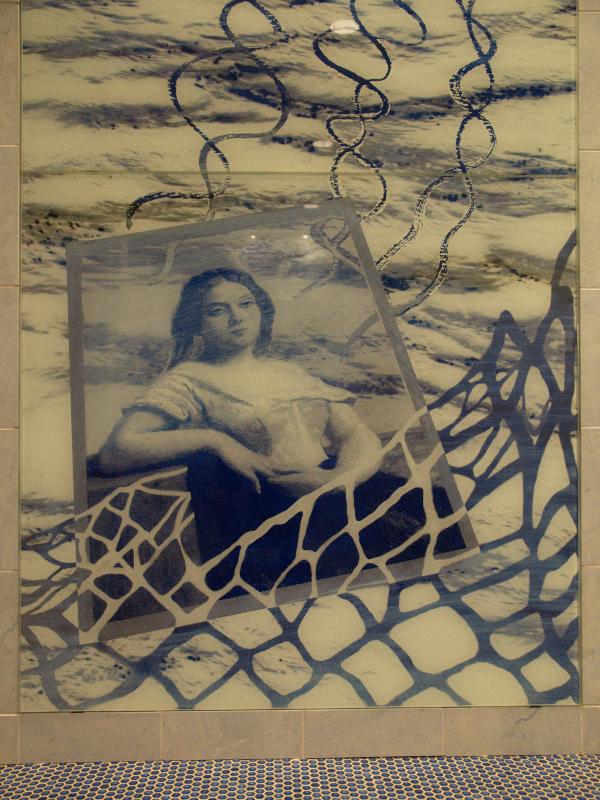 Northampton, Massachusetts (MA): Smith College: Museum of Art, women's restroom wall panel (decorated with woman and net) (2002, 'Catching the Drift', Ellen Driscoll)