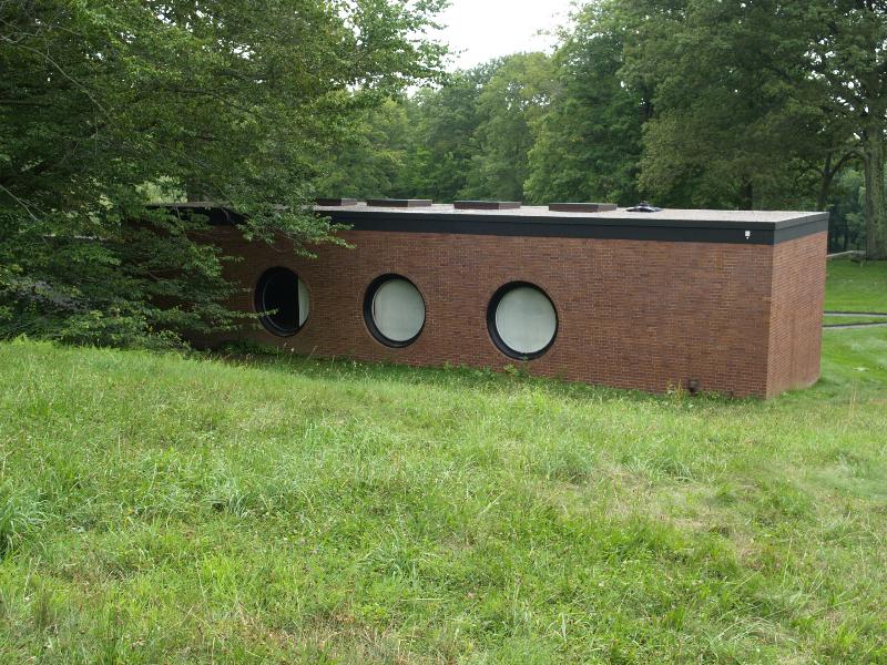 New Canaan, Connecticut (CT): Glass House estate: Guest House (Brick House), view from back (1949-1950, Philip Johnson)