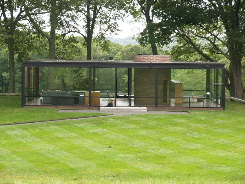 New Canaan, Connecticut (CT): Glass House estate: Glass House, view (1949, Philip Johnson)