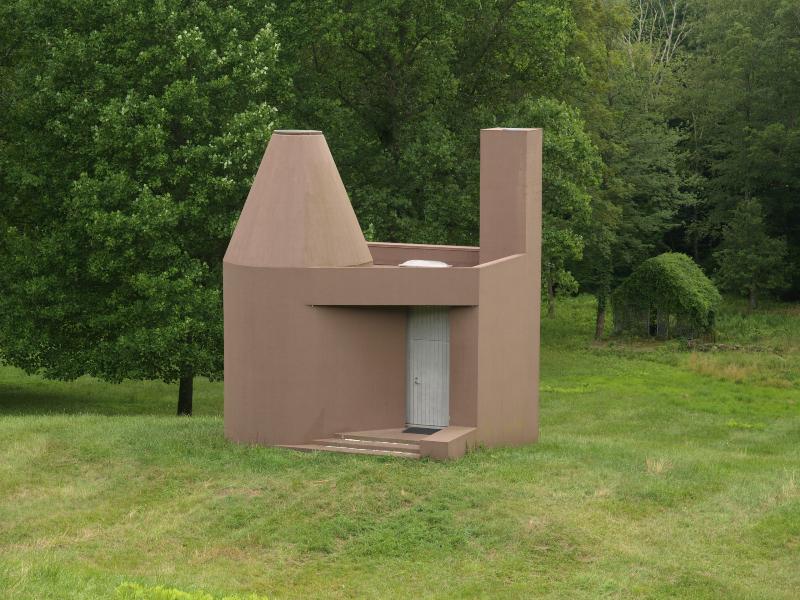 New Canaan, Connecticut (CT): Glass House estate: Library Studio (1980, Philip Johnson) (with Ghost House, 1984, behind)
