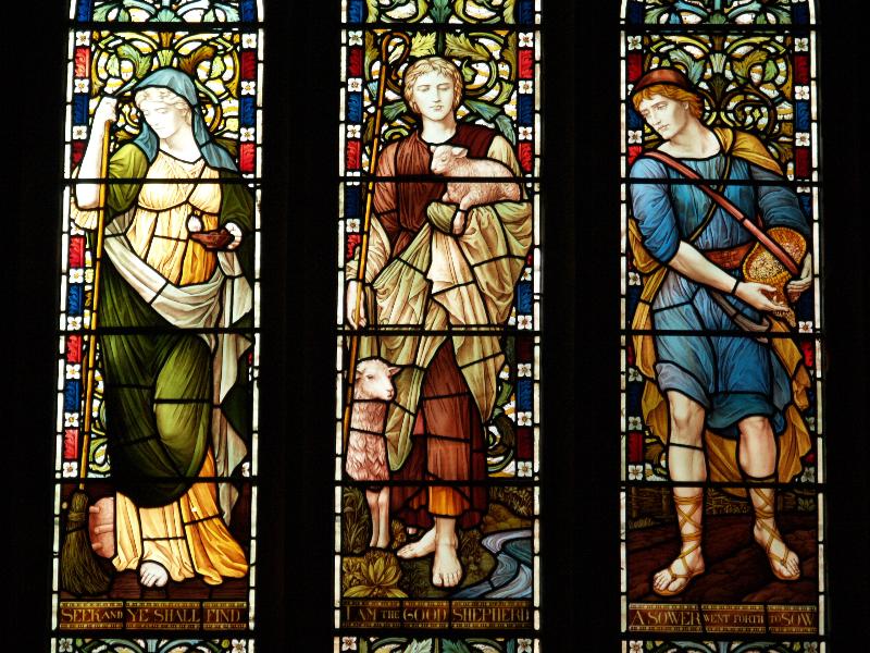 Keswick, England: St John's Church: 'The Lost Piece of Silver', 'The Good Shepherd' and 'The Sower' (1889, Powell and Sons, designs of Henry Holiday)