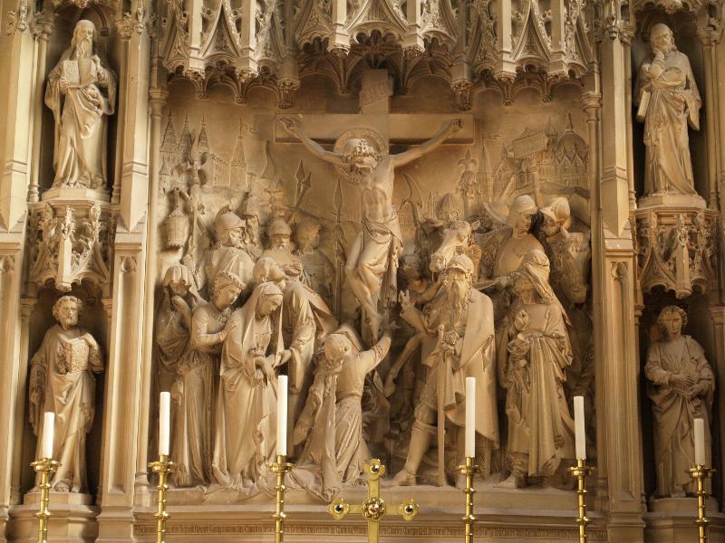 Long Melford, England: Holy Trinity Church: Crucifixion reredos (1877, after painting by Albrecht Durer)