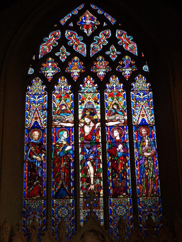 Lavenham, England: St Peter and St Paul Church: east window (St Peter, Virgin Mary, Crucifixion, St John and St Paul)