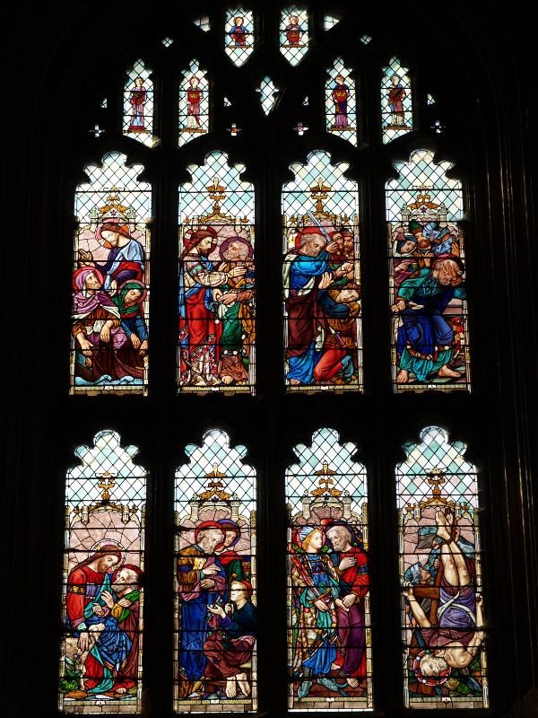 Lavenham, England: St Peter and St Paul Church: west window (eight scenes from life of St Peter)