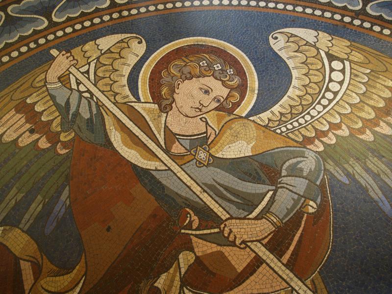 Berlin, Germany: Kaiser Wilhelm Gedaechtnis Kirche: angel, mosaic floor (1897-1906, designed by Hermann Schaper, made by Firma Puhl and Wagner)