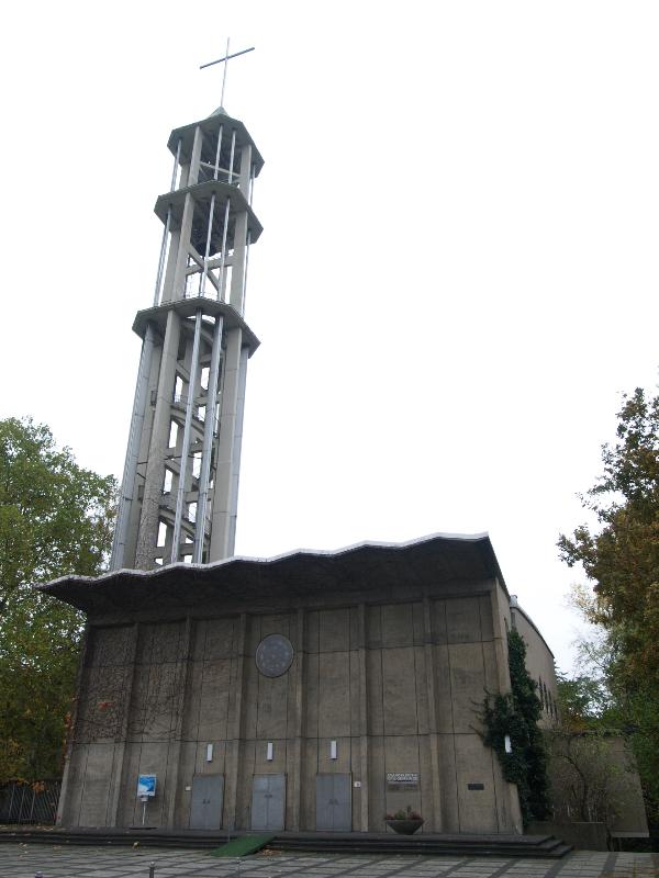 Berlin, Germany: Evangelische Kaiser-Friedrich-Gedaechtniskirche (Haendelallee): view (built for Interbau 1957, architect Ludwig Lemmer)