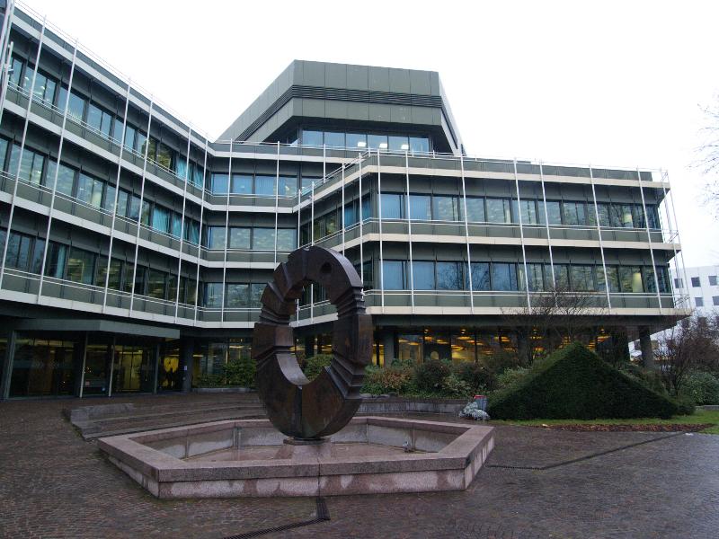 Karlsruhe, Germany: Hermann-Veit-Strasse: hexagonal office building (with sculpture)