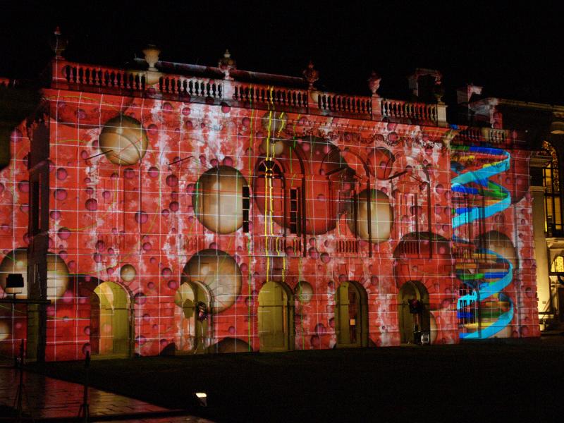 Cambridge, England: Old Schools: light show: double helix and blood (Cambridge University 800th anniversary light show, officially 17-19 January 2009, light artist Ross Ashton)