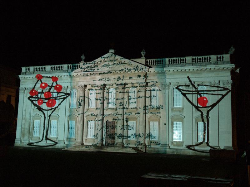 Cambridge, England: Senate House: light show: cherry cube cocktail (Cambridge University 800th anniversary light show, officially 17-19 January 2009, light artist Ross Ashton)