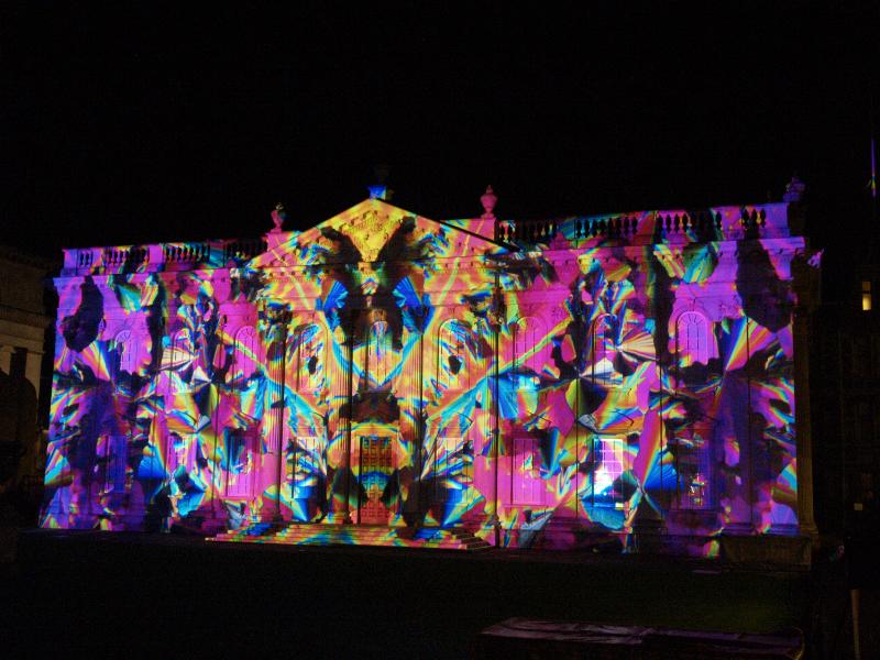 Cambridge, England: Senate House: light show: false colour map of something (Cambridge University 800th anniversary light show, officially 17-19 January 2009, light artist Ross Ashton)