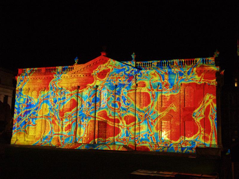 Cambridge, England: Senate House: light show: false colour map of something (Cambridge University 800th anniversary light show, officially 17-19 January 2009, light artist Ross Ashton)