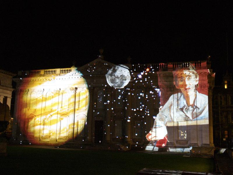 Cambridge, England: Senate House: light show: Jupiter, the moon and Stephen Hawking (Cambridge University 800th anniversary light show, officially 17-19 January 2009, light artist Ross Ashton)