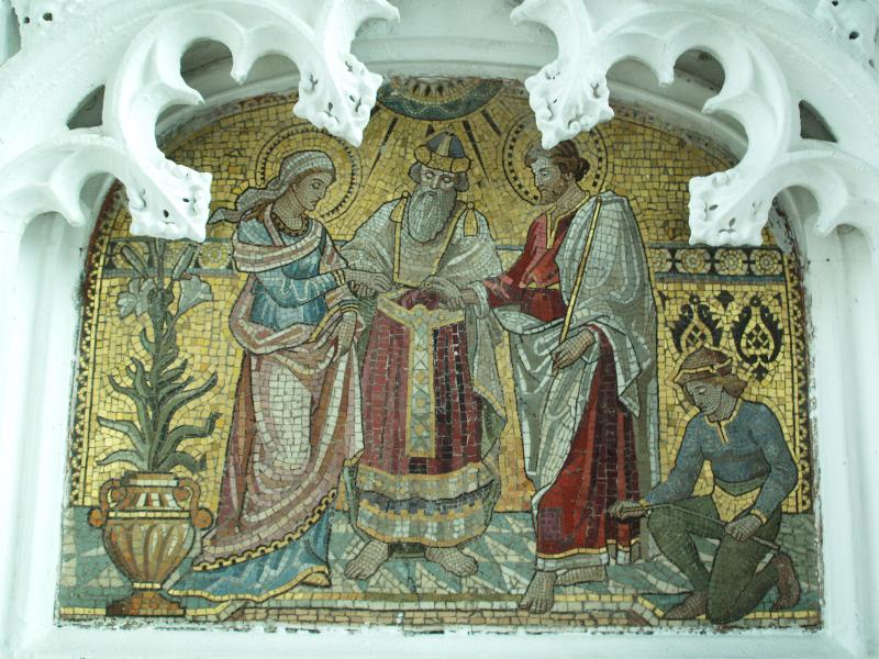 Burwell, England: St Mary's Church: middle mosaic panel behind altar (Golden Legend: Joseph and Mary) (1880s?)