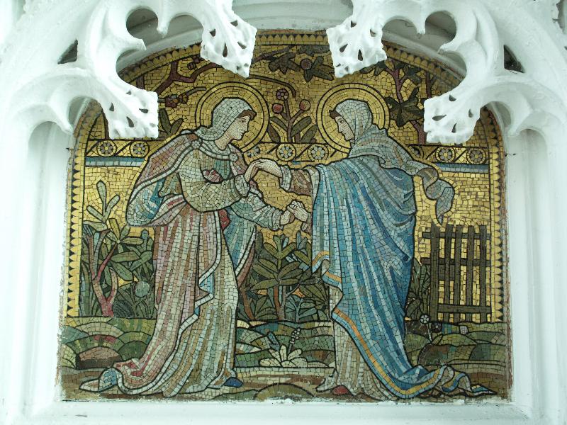 Burwell, England: St Mary's Church: right mosaic panel behind altar (Mary and Elizabeth) (1880s?)