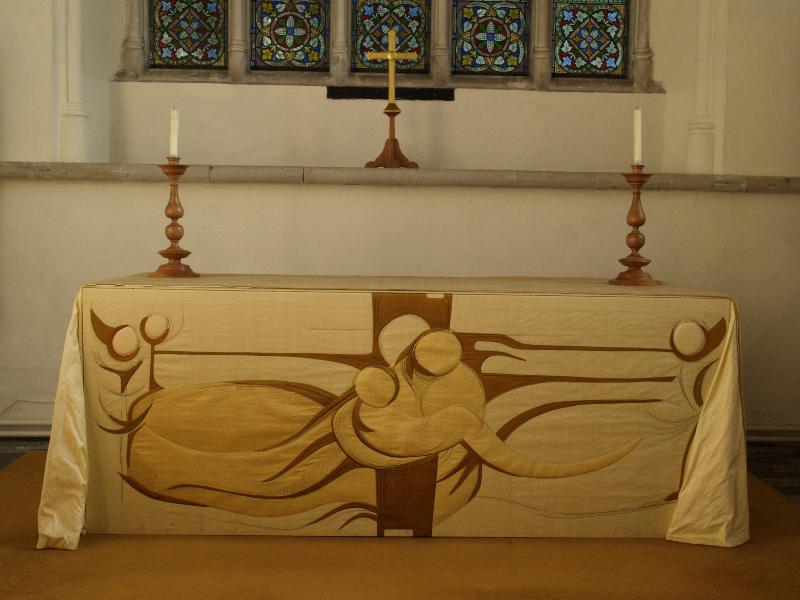 Cottenham, England: All Saints Church: altar cloth (1990s?, designed by Mac Dowdy, made by Jane Lemon and Sarum Group, Salisbury)