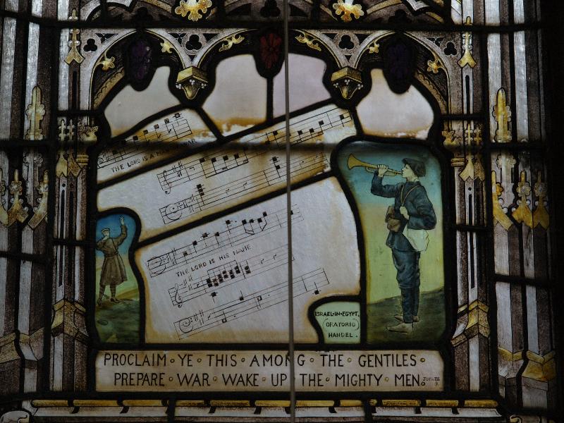 Swaffham Prior, England: St Mary's Church: Great War (World War I) left memorial window (call to war) (1919, designed by T F Curtis, made by Ward and Hughes)