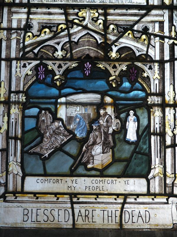 Swaffham Prior, England: St Mary's Church: Great War (World War I) middle memorial window (motor field kitchen with Red Cross workers) (1919, designed by T F Curtis, made by Ward and Hughes)