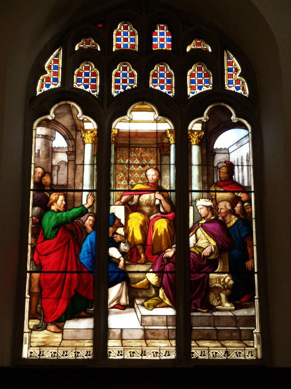 Cambridge, England: Peterhouse: chapel stained glass window, St Paul before Felix  (1850s, overall design by Max Emanuel Ainmiller, figures largely work of Claudius Schraudolph and Heinrich von Hess, Royal School of Glass Painting, Munich)