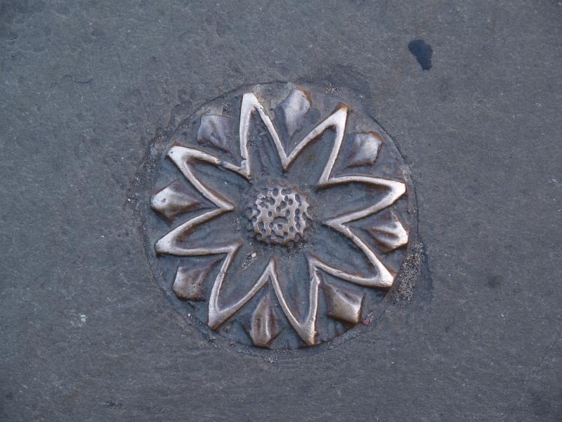 Cambridge, England: Magdalene Street: bronze flower (2001, sculptor Michael Fairfax)
