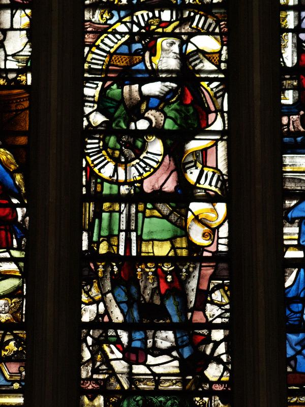 Cambridge, England: King's College: chapel, north wall window, man