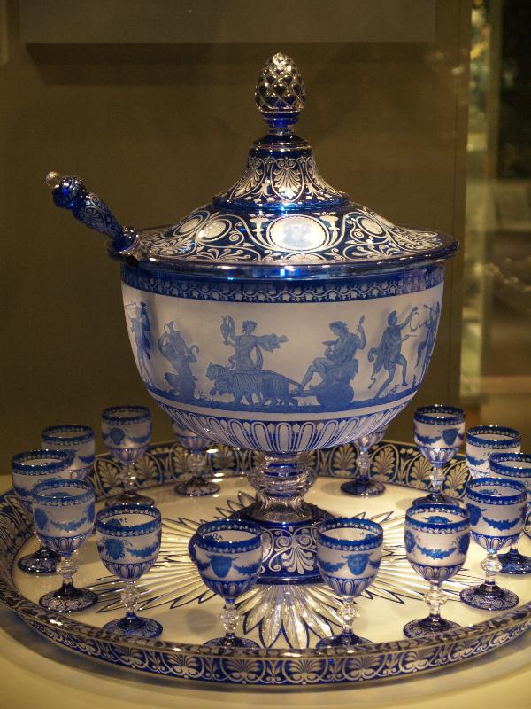 Corning, New York (NY): Corning Museum of Glass: punch bowl set with acid-etched decoration (Baccarat, created for 1867 Paris World's Fair)