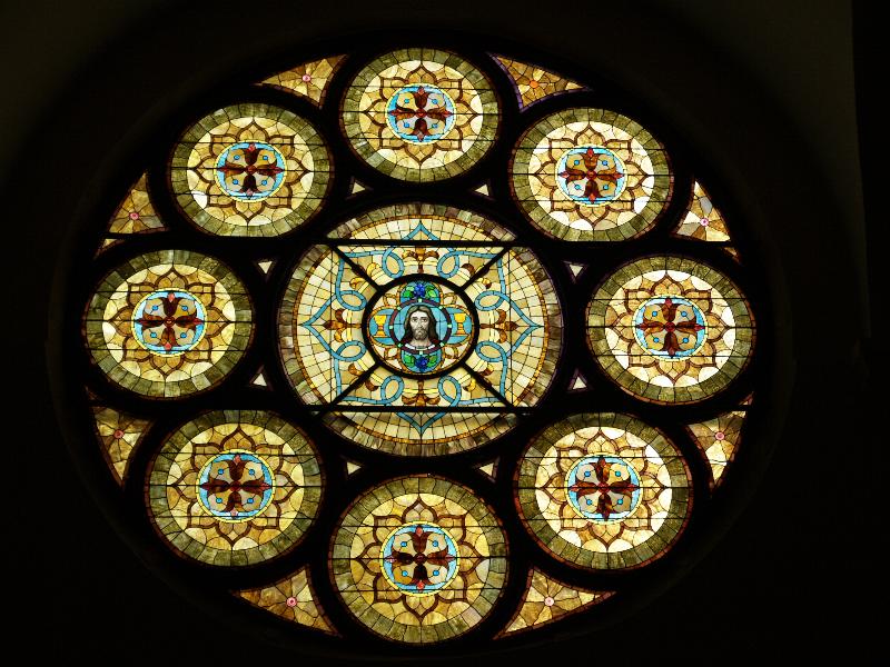 Corning, New York (NY): First United Methodist Church: west rose window (1893-1894, architect Henry G. Tuthill)