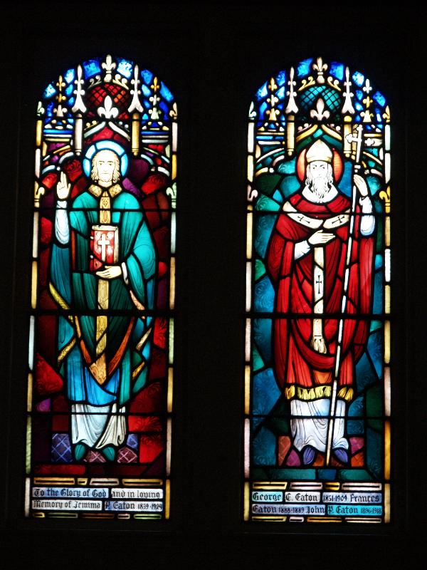 Corning, New York (NY): Christ Episcopal Church: St. Columba and St. Augustine (Eaton Memorial) (installed 1963, Charles J. Connick Associates)